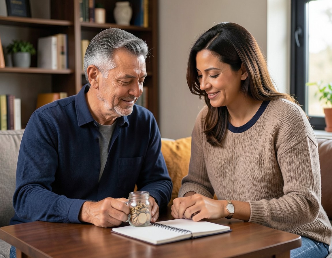 Dos personas conversan y anotan sus metas de ahorro en casa